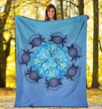 Hawaii Turtle Hibiscus Blue Premium Blanket - Polynesian Pride