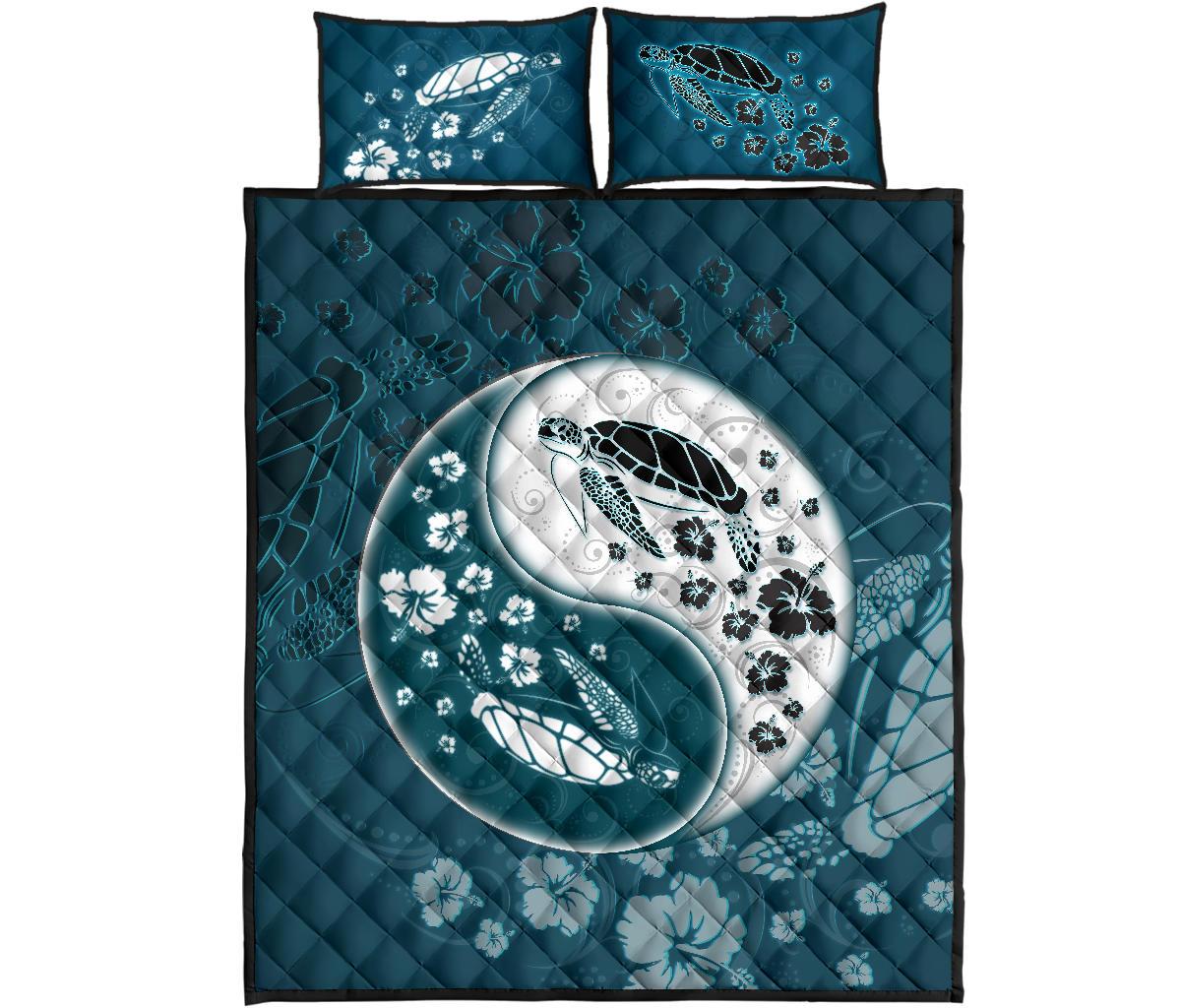 Hawaii Quilt Bed Set - Yin Yang Turtle Hibiscus Quilt Bed Set Navy - Polynesian Pride