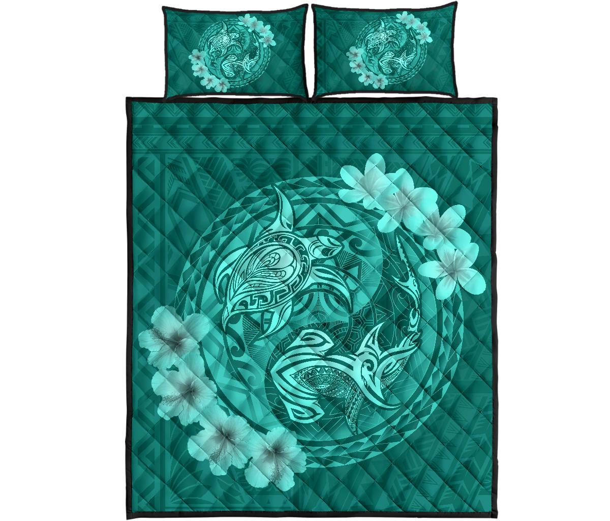 Hawaii Yin Yang Turtle Shark Hibiscus Plumeria Quilt Bed Set - Turquoise Turquoise - Polynesian Pride