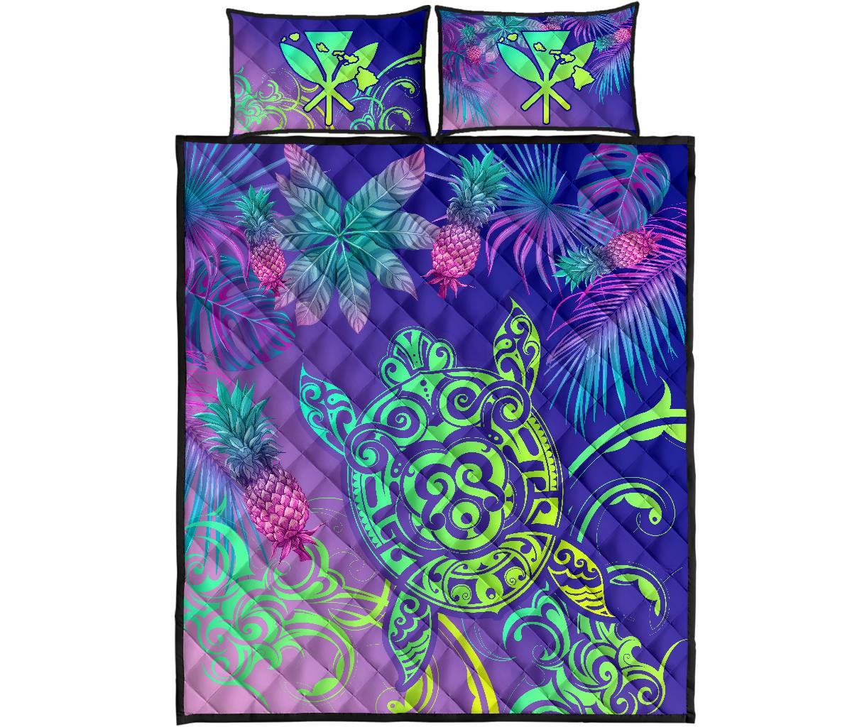 Hawaii Turtle Tropical Kanaka Maoli Quilt Bed Set - Yez Style Blue - Polynesian Pride