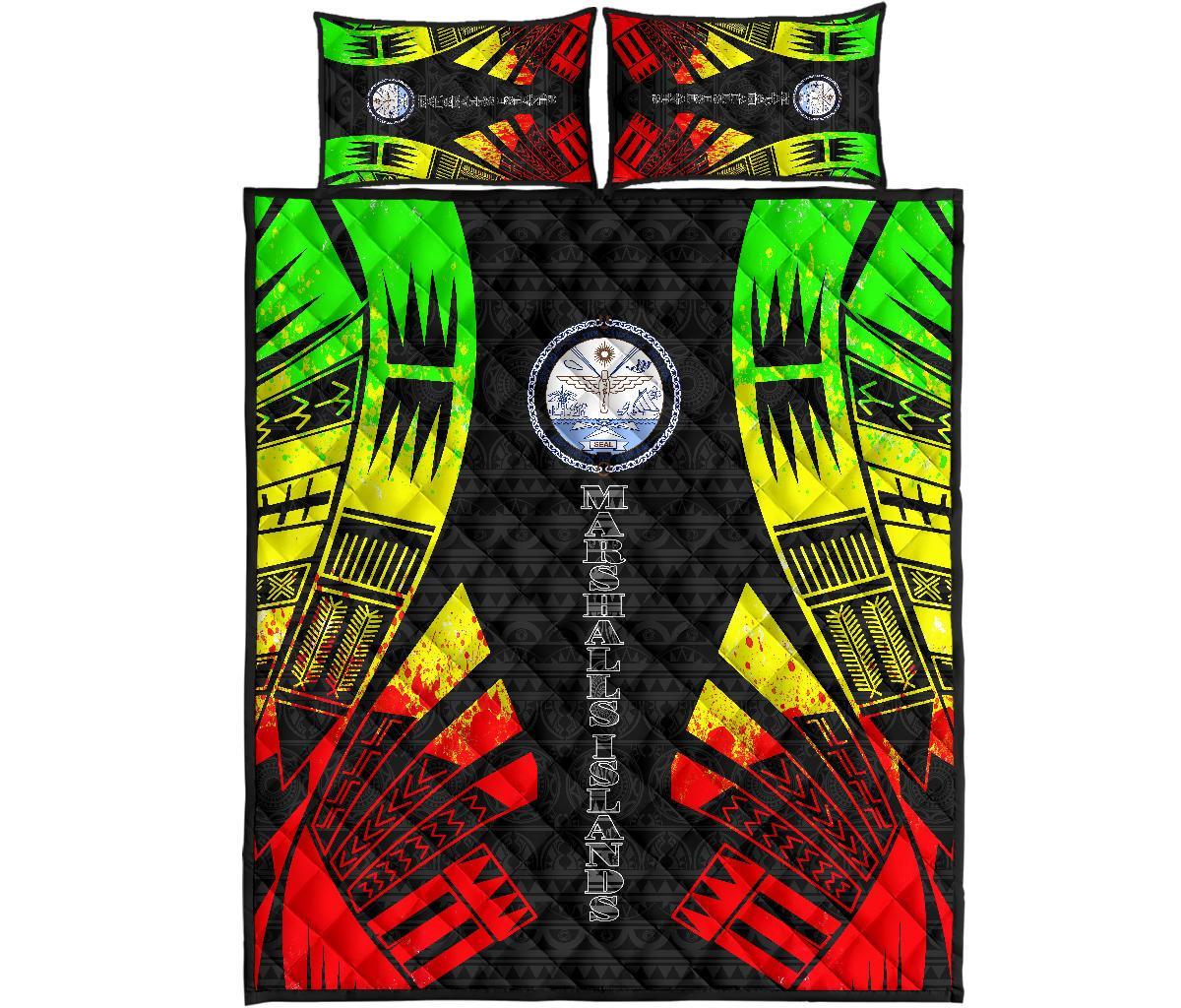 Marshall Islands Quilt Bed Set - Marshall Islands Seal & Polynesian Reggae Tattoo Style Art - Polynesian Pride