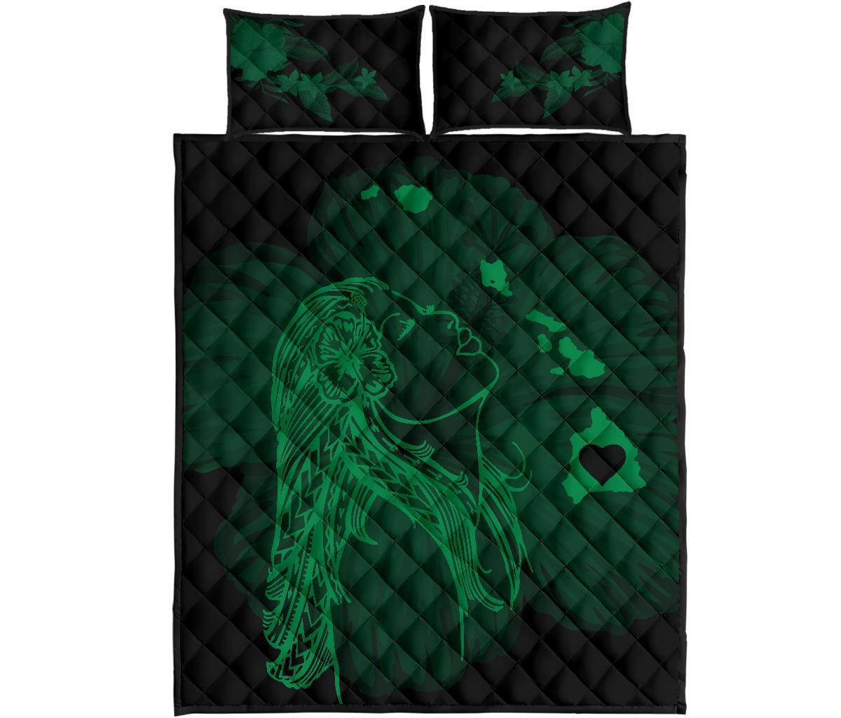 Hula Girl Hibiscus Map Quilt Bed Set - Green Green - Polynesian Pride