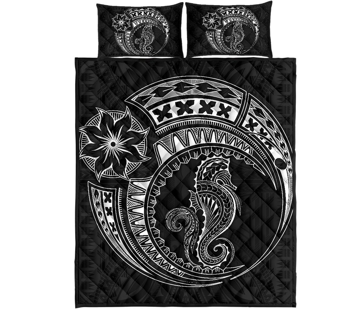 Polynesian Quilt Bed Set - Polynesian White Seahorse Tattoo Black - Polynesian Pride