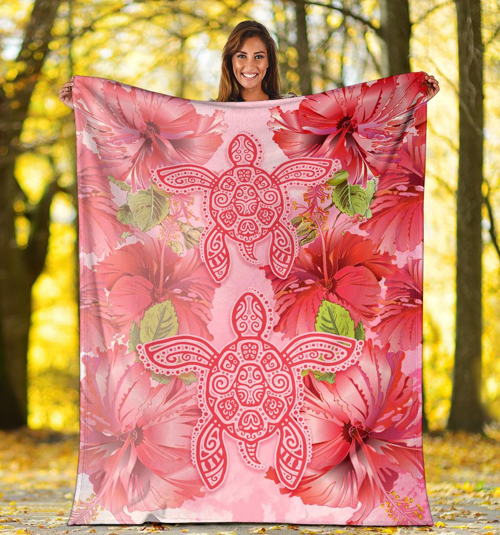 Hawaii Turtle Hibiscus Premium Blanket - Pink Style - Polynesian Pride