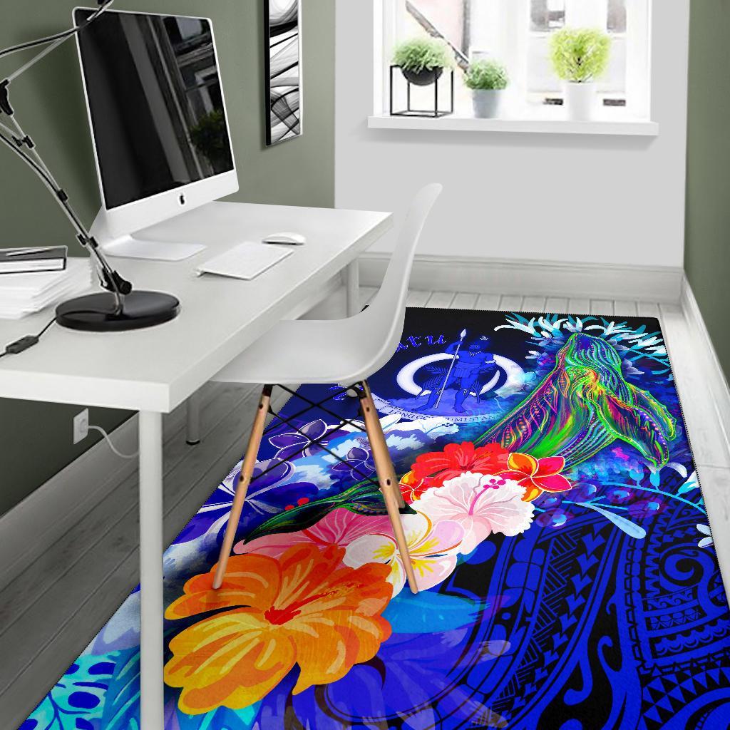 Vanuatu Area Rug - Humpback Whale with Tropical Flowers (Blue) - Polynesian Pride