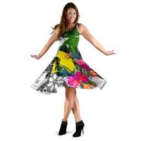New Caledonia Midi Dress White - Turtle Plumeria Banana Leaf - Polynesian Pride