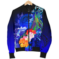 American Samoa Polynesian Custom Personalised Men's Bomber Jacket - Humpback Whale with Tropical Flowers (Blue) - Polynesian Pride