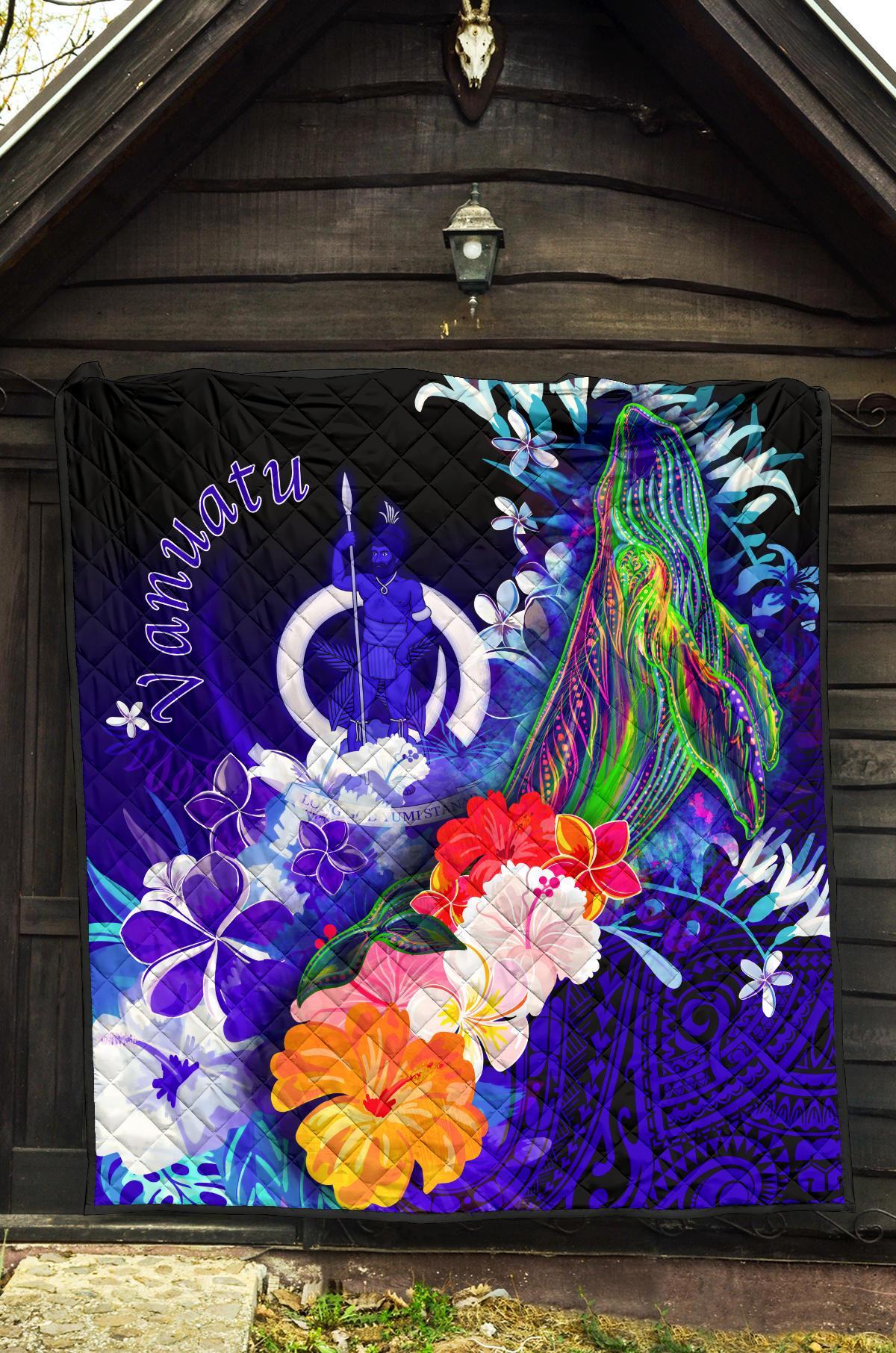 Vanuatu Premium Quilt - Humpback Whale with Tropical Flowers (Blue) - Polynesian Pride