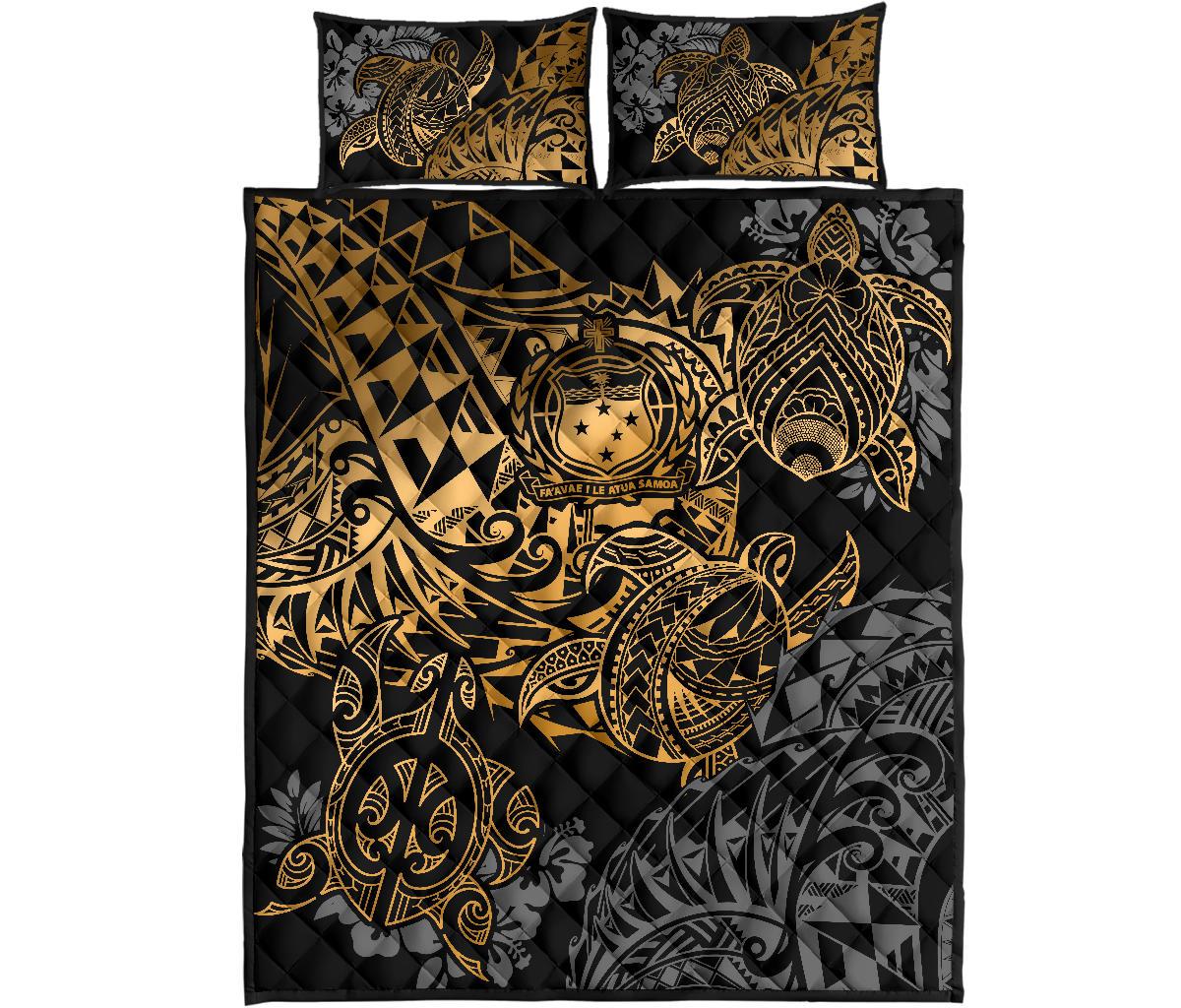 Samoa Polynesian Quilt Bed Set - Gold Turtle Flowing - Polynesian Pride