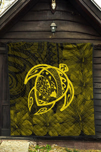 Hawaii Turtle Kanaka Map Hibiscus Poly Premium Quilt - Yellow - Polynesian Pride