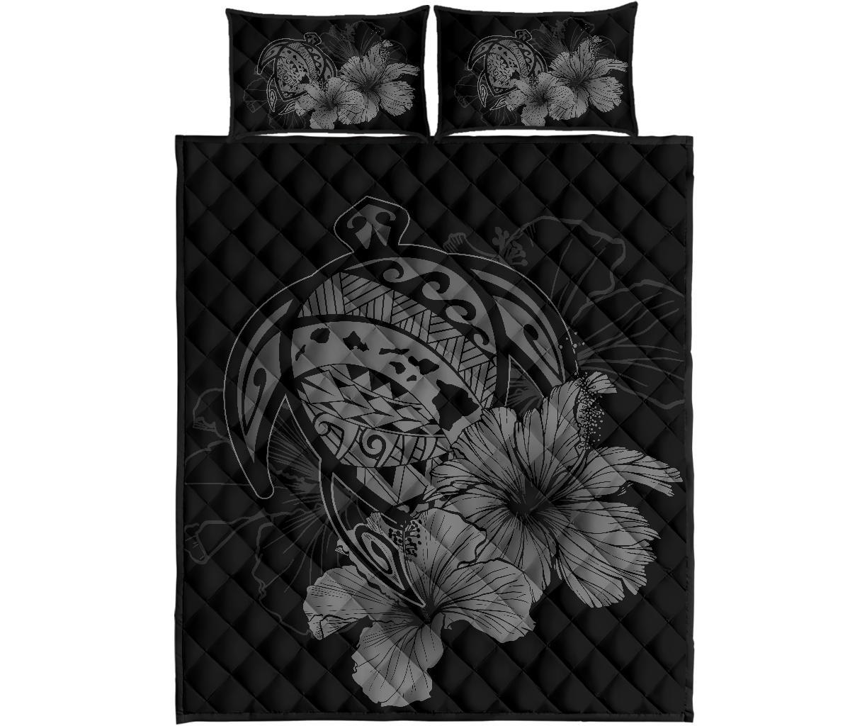 Hawaiian Map Turtle Hibiscus Polynesian Quilt Bedding Set - Gray Gray - Polynesian Pride