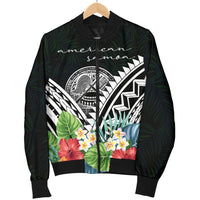 American Samoa Men's Bomber Jacket - Yap Coat of Arms & Polynesian Tropical Flowers White - Polynesian Pride