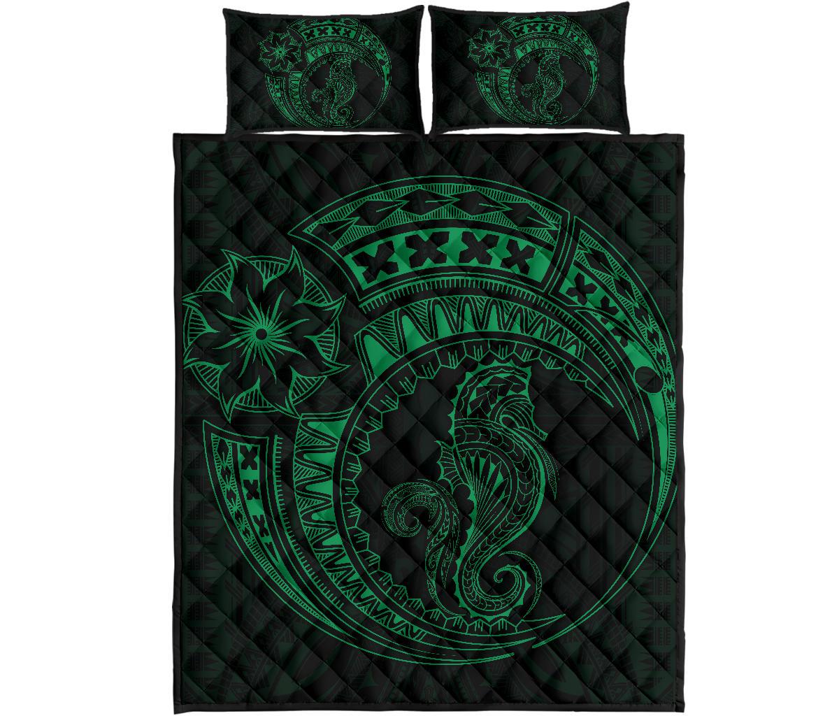 Polynesian Quilt Bed Set - Polynesian Green Seahorse Tattoo Green - Polynesian Pride