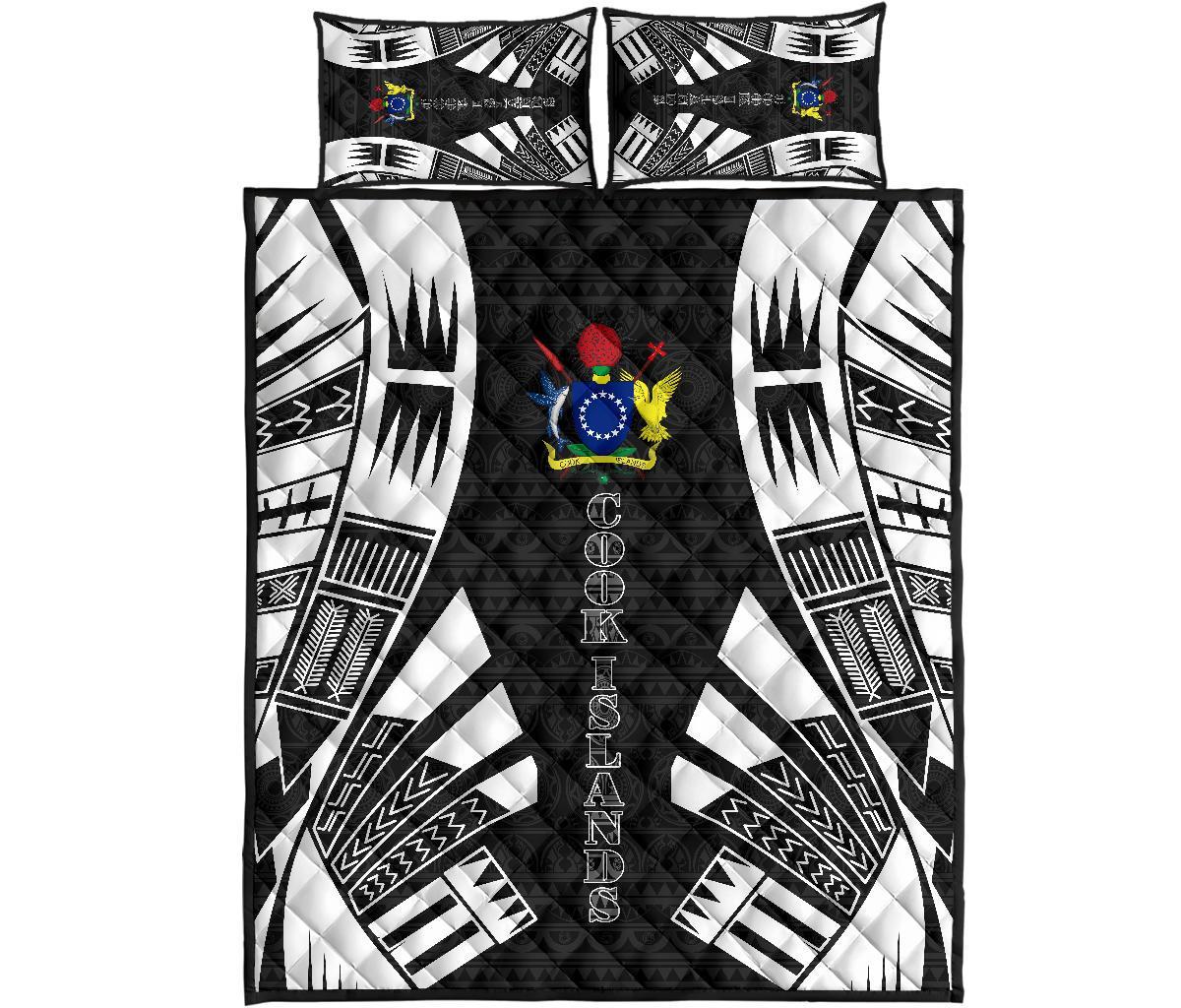 Cook Islands Quilt Bed Set - Cook Islands Coat Of Arms & Polynesian White Tattoo Style Black - Polynesian Pride