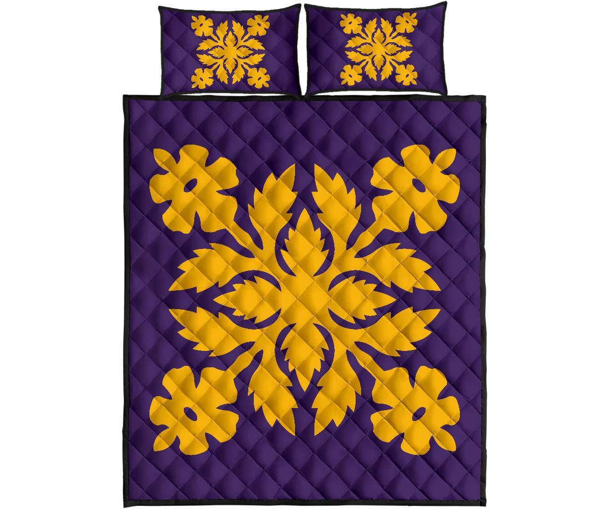 Hawaiian Quilt Bed Set Royal Pattern - Purple And Gold - B2 Style - Polynesian Pride