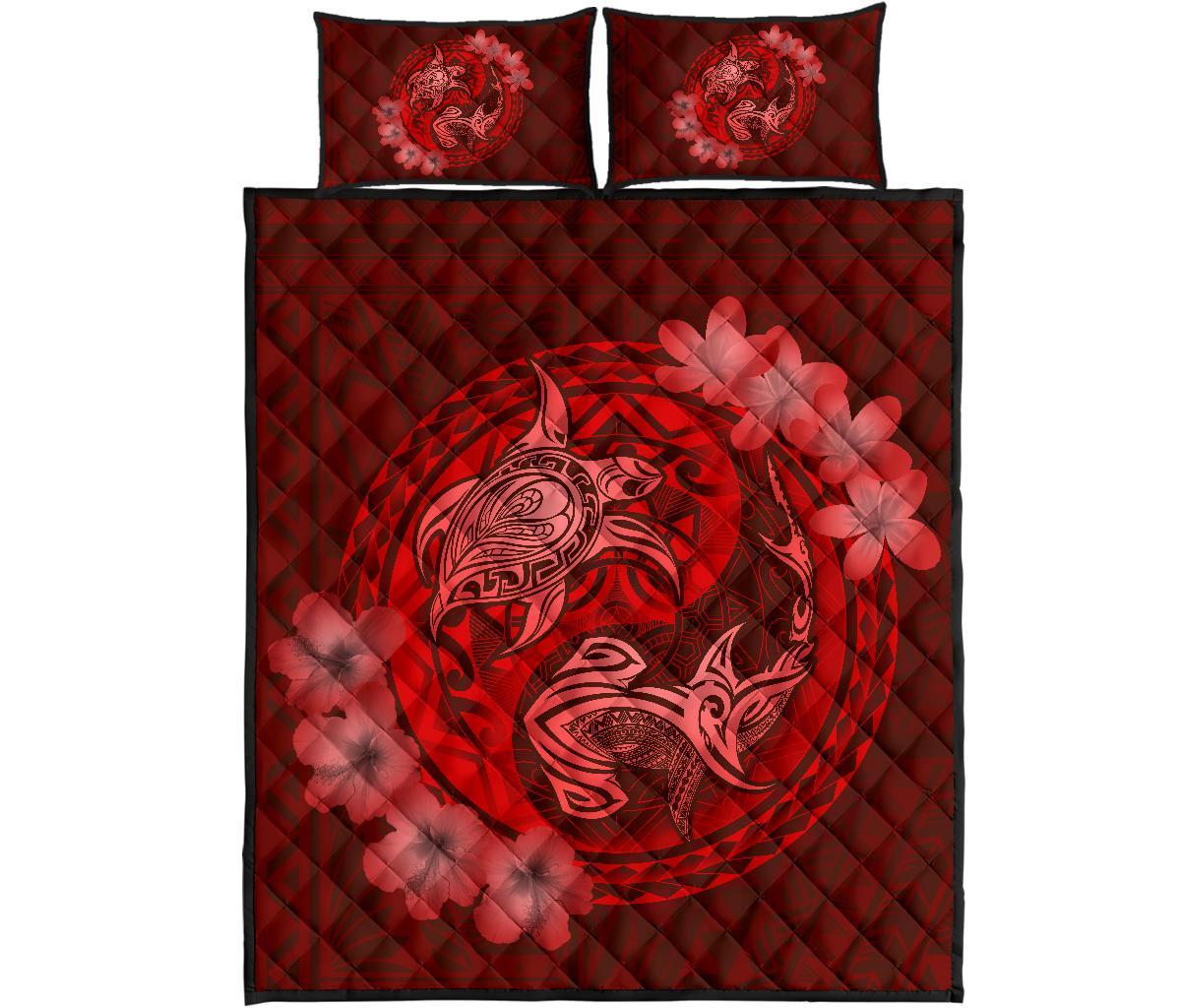 Hawaii Yin Yang Turtle Shark Hibiscus Plumeria Quilt Bed Set - Red Red - Polynesian Pride