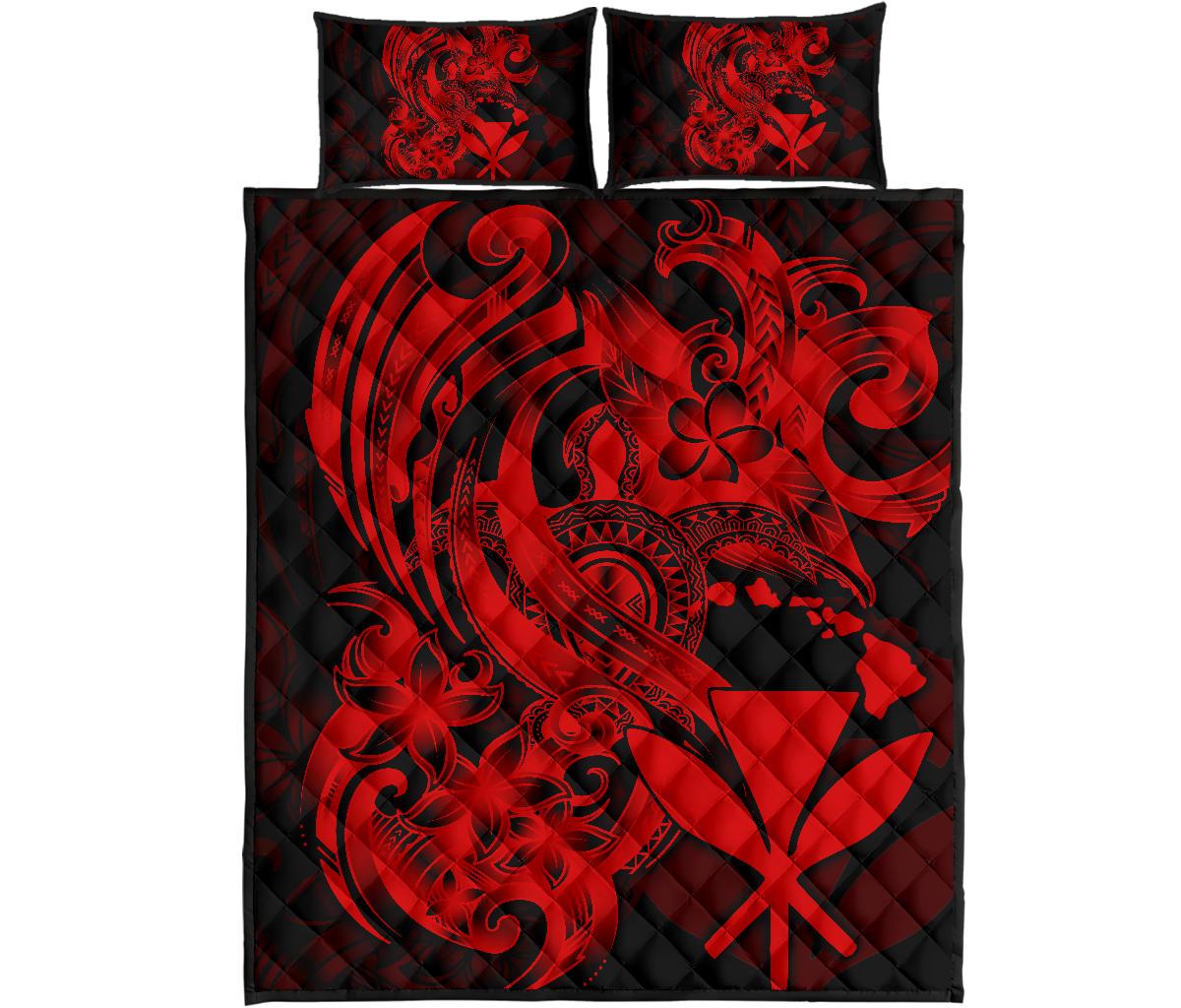 Hawaii Polynesian Quilt Bed Set - Red Kanaka Maoli Tentacle Plumeria - Polynesian Pride
