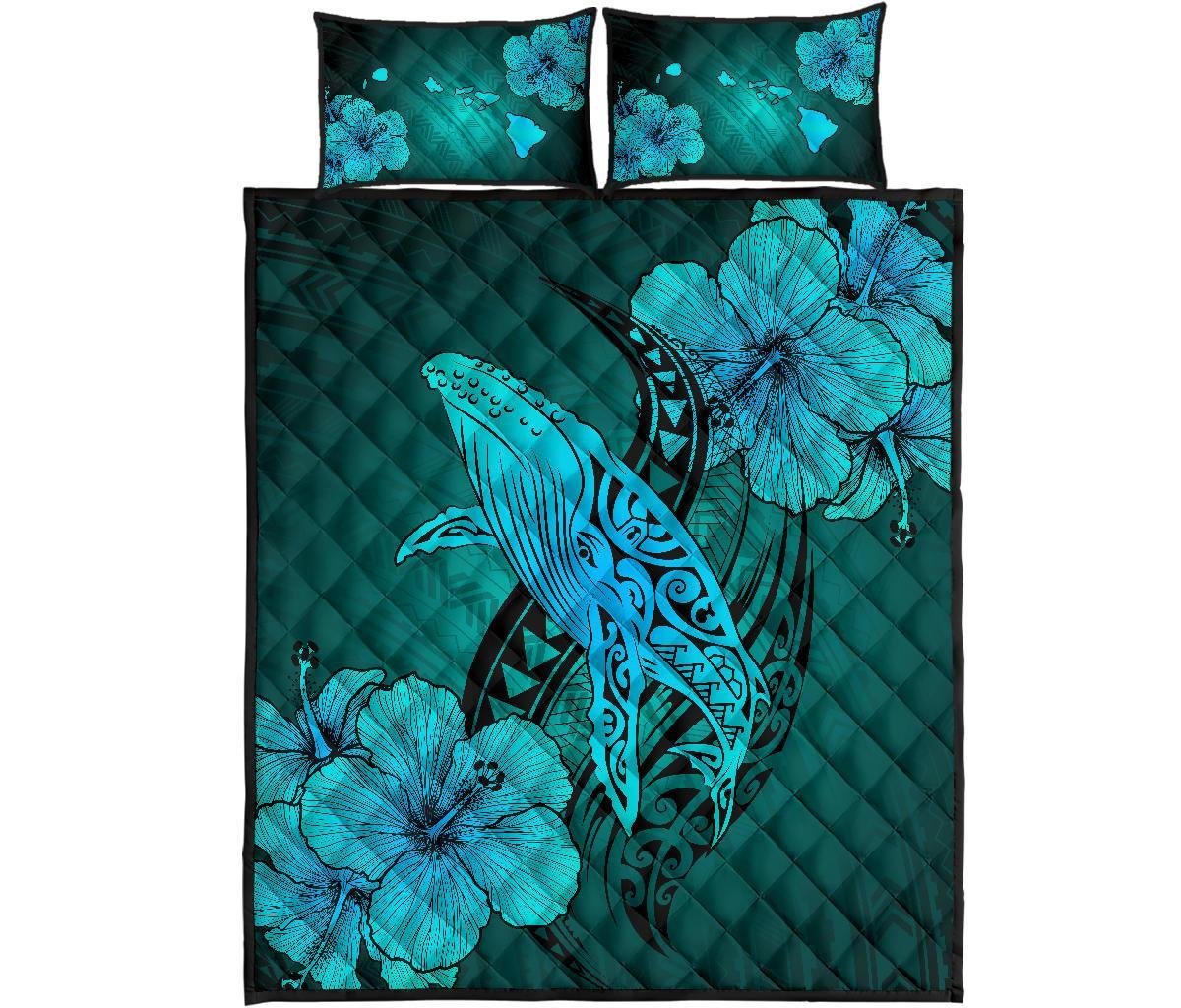 Hawaiian Whale Swim Hibiscus Polynesian Quilt Bedding Set - Turquoise Blue - Polynesian Pride