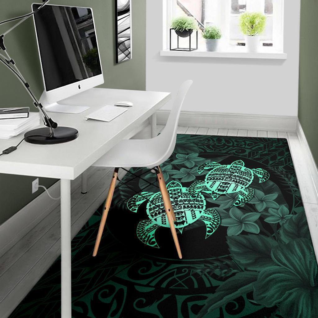 hawaii Rug - Turtle Strong Pattern Hibiscus Plumeria Turquoise AH - Polynesian Pride