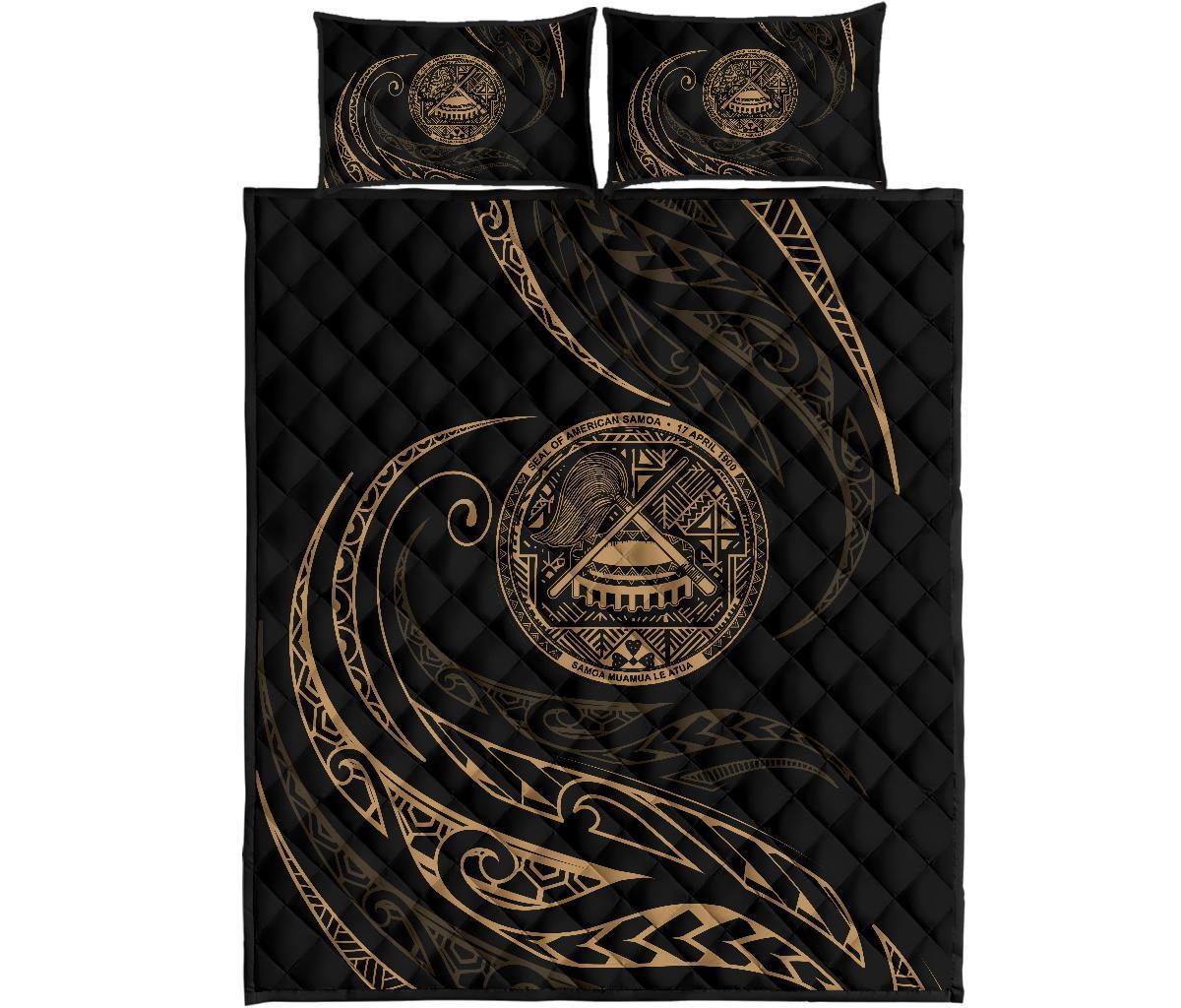 American Samoa Quilt Bed Set - Gold - Frida Style Blue - Polynesian Pride
