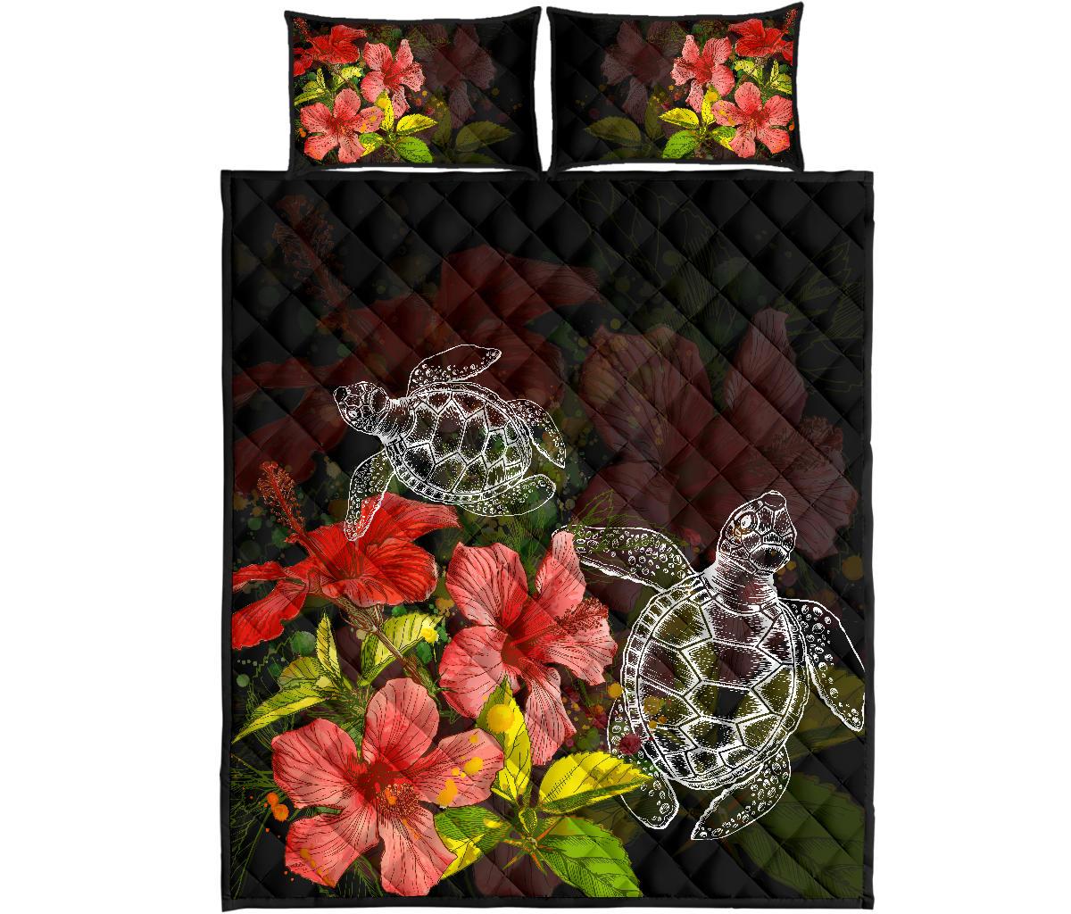 Hawaii Turtle Hibiscus Tree Quilt Bed Set Black - Polynesian Pride