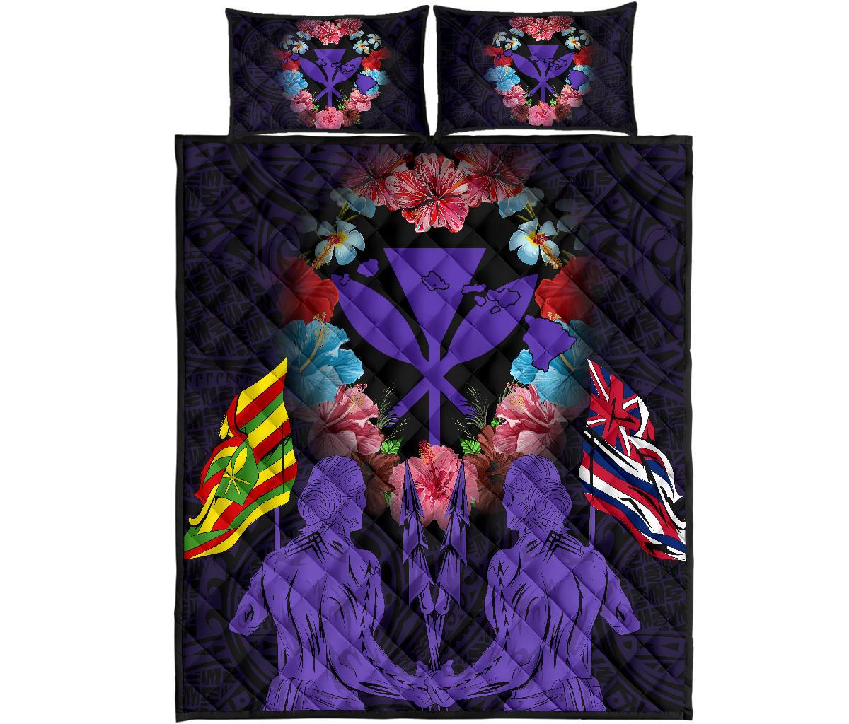 Hawaii Map Kanaka Two Men Holding Flag Quilt Bed Set - AH - Purple Art - Polynesian Pride