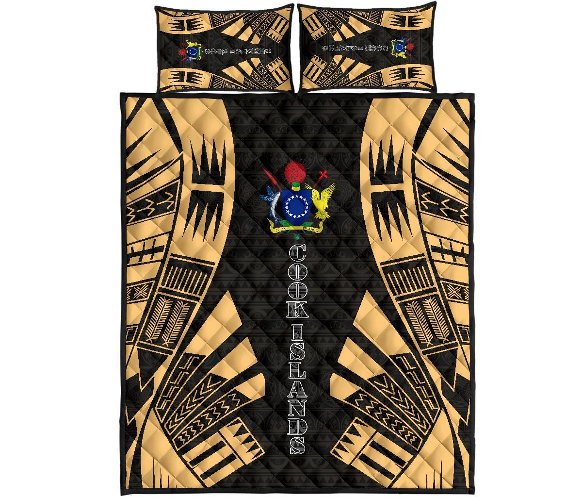 Cook Islands Quilt Bed Set - Cook Islands Coat Of Arms & Polynesian Yellow Tattoo Style Gold - Polynesian Pride