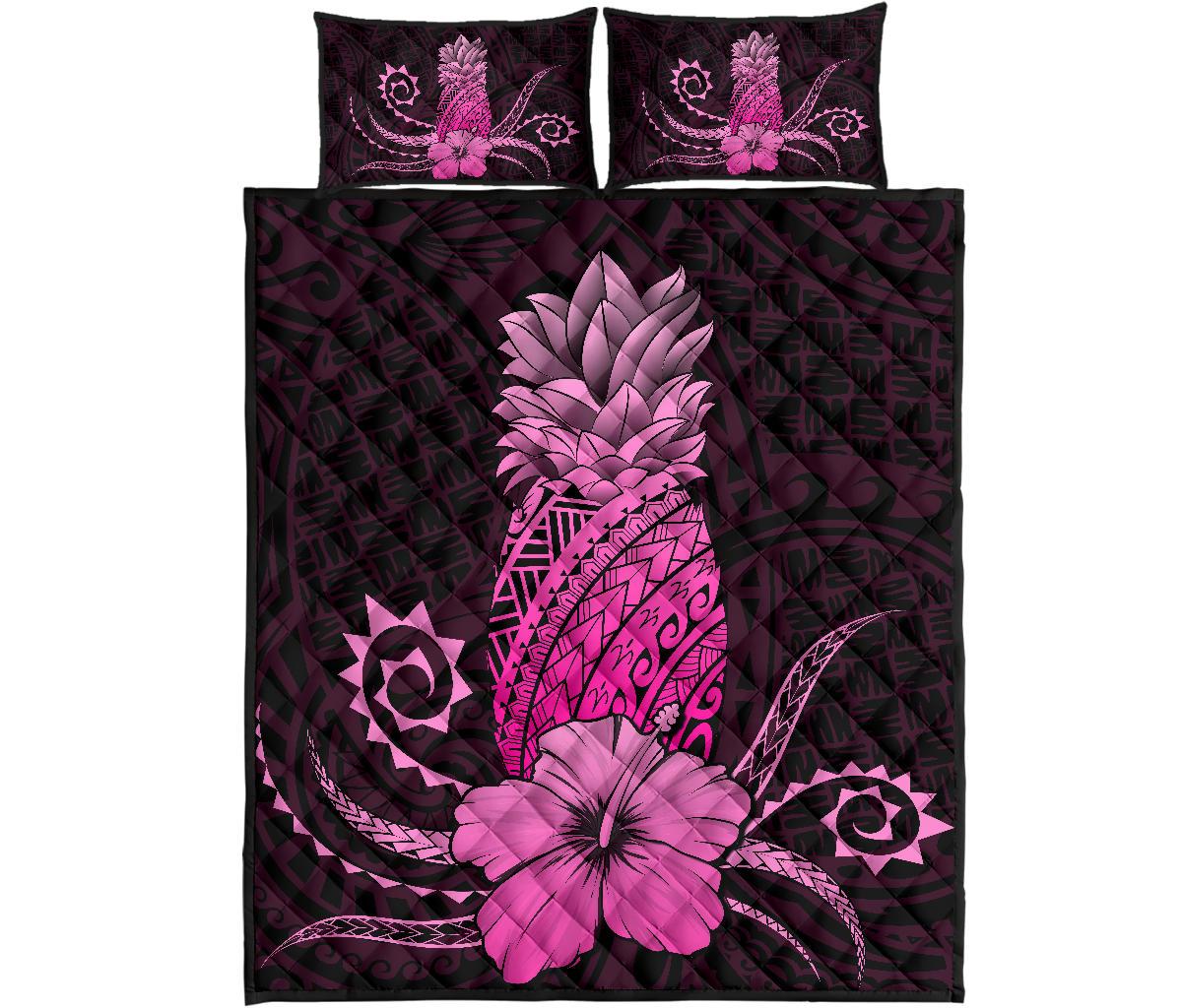 Hawaii Polynesian Pineapple Hibiscus Quilt Bed Set - Zela Style Pink Art - Polynesian Pride