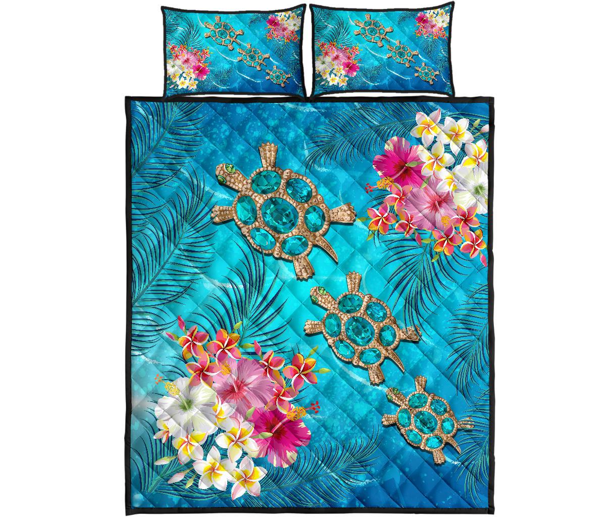 Hawaii Turtle Ocean Tropical Flowers Quilt Bed Set - Siri Style - AH Blue - Polynesian Pride