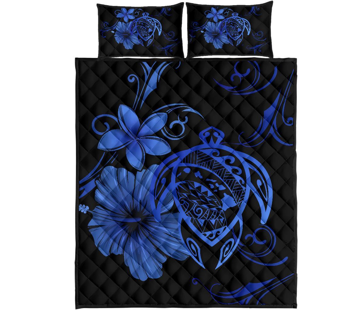 Hawaii Turtle Hibiscus Plumeria Quilt Bed Set - Blue Blue - Polynesian Pride