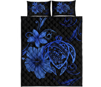 Hawaii Turtle Hibiscus Plumeria Quilt Bed Set - Blue Blue - Polynesian Pride