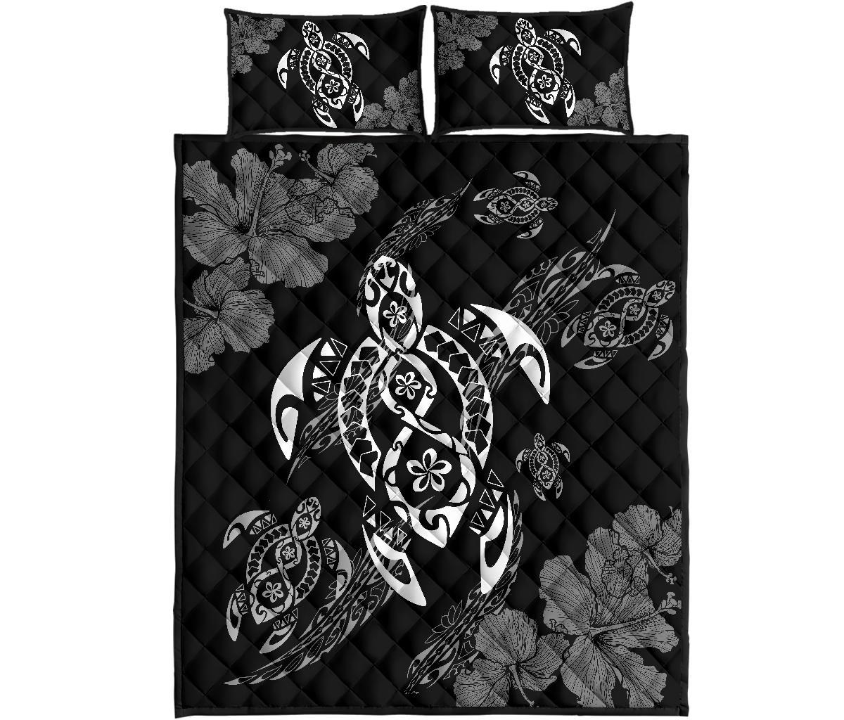 Hawaii Polynesian Turtle Quilt Bed Set Flow Of Turtle White Black - Polynesian Pride