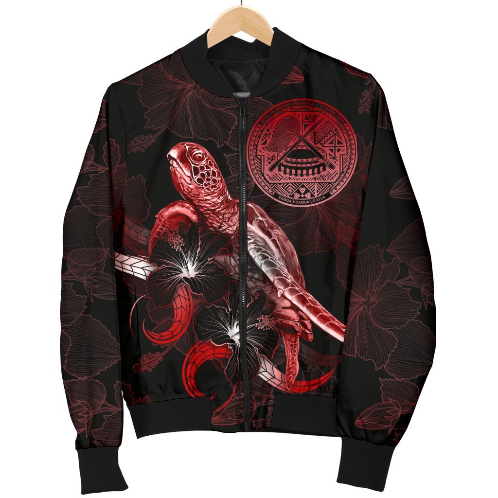 American Samoa Polynesian Men's Bomber Jacket - Turtle With Blooming Hibiscus Red - Polynesian Pride