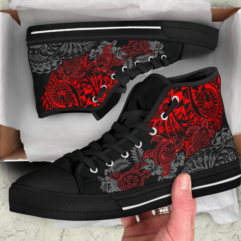 Tahiti Polynesian High Top Shoes - Red Turtle Hibiscus Flowing - Polynesian Pride