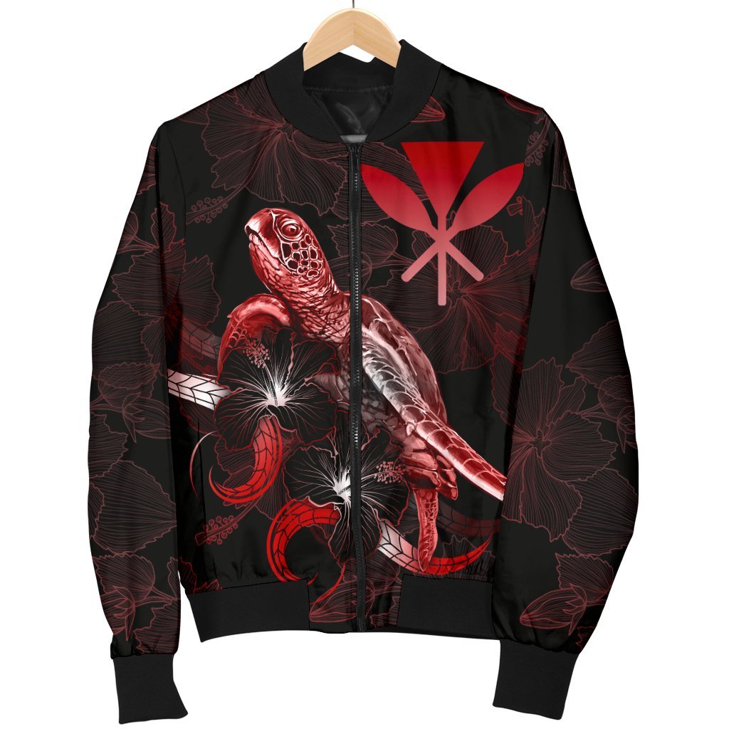 Hawaii Polynesian Men's Bomber Jacket - Turtle With Blooming Hibiscus Red - Polynesian Pride