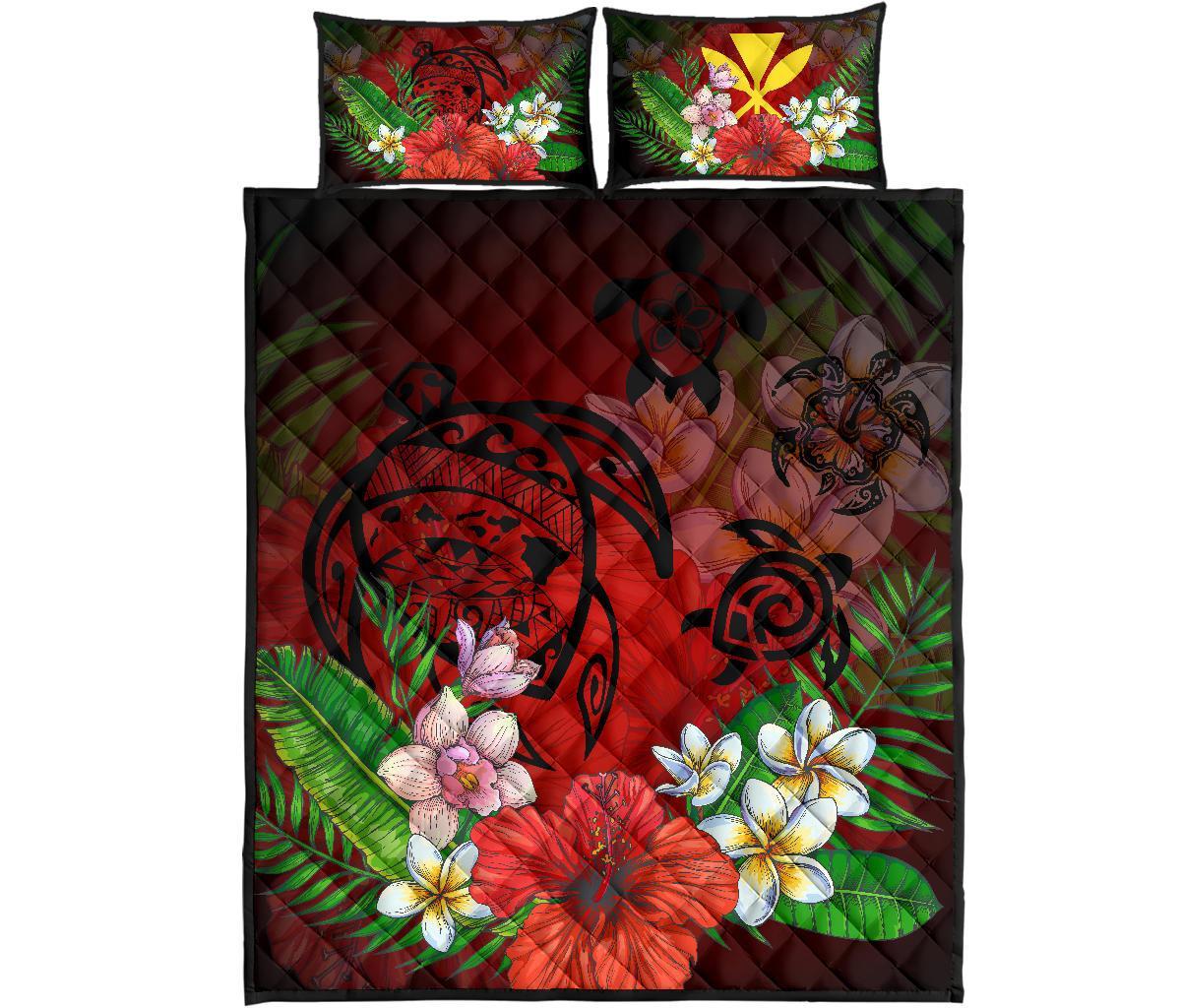 Hawaiian Map Hibiscus Plumeria Kanaka Bouquet Turtle Polynesian Quilt Bedding Set Red - Polynesian Pride