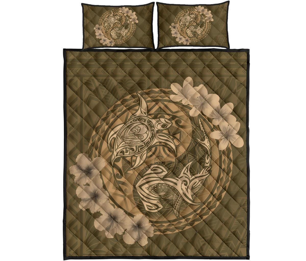 Hawaii Yin Yang Turtle Shark Hibiscus Plumeria Quilt Bed Set - Gold Gold - Polynesian Pride