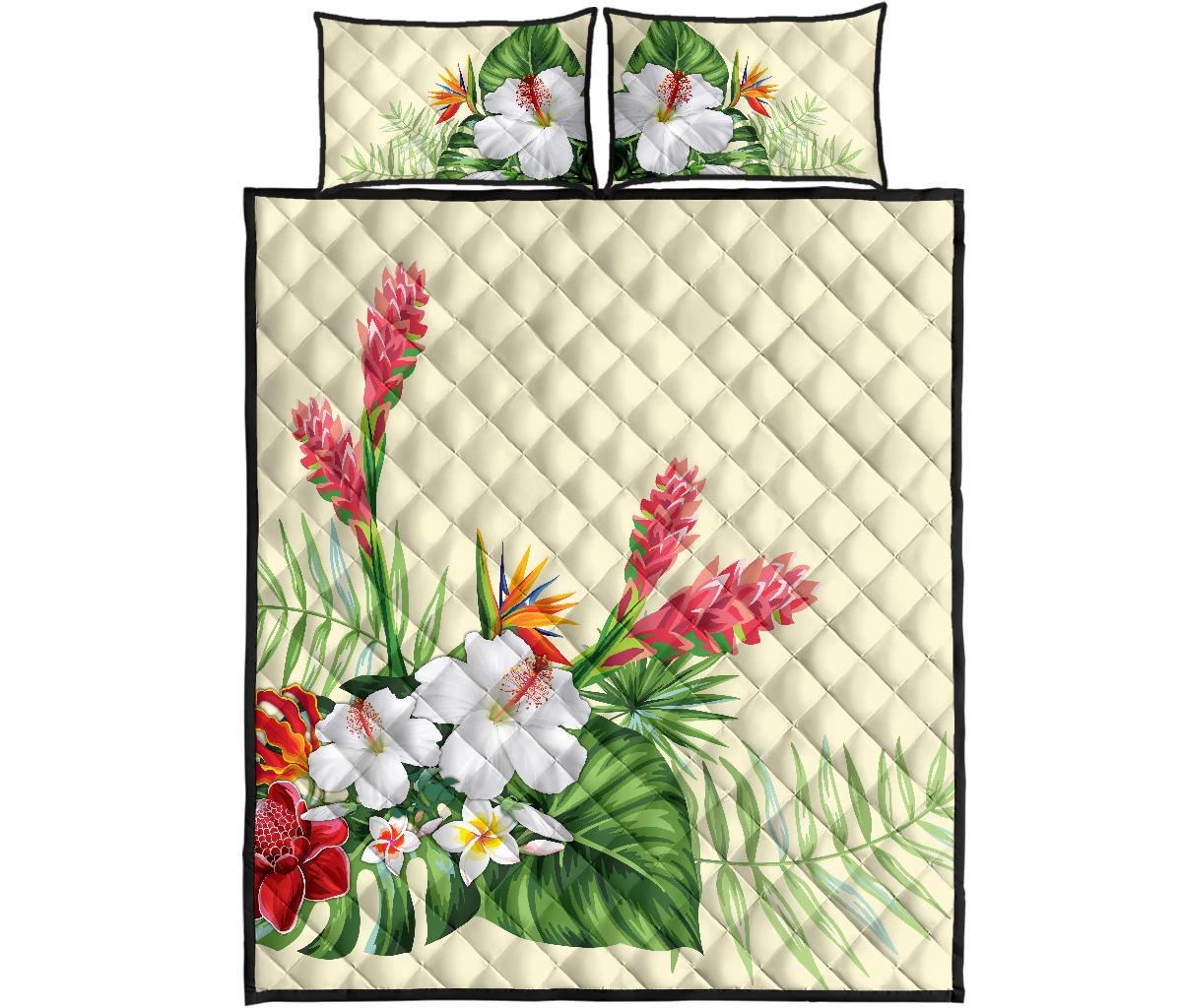 Wonderful Hibiscus Flower Quilt Bed Set White - Polynesian Pride