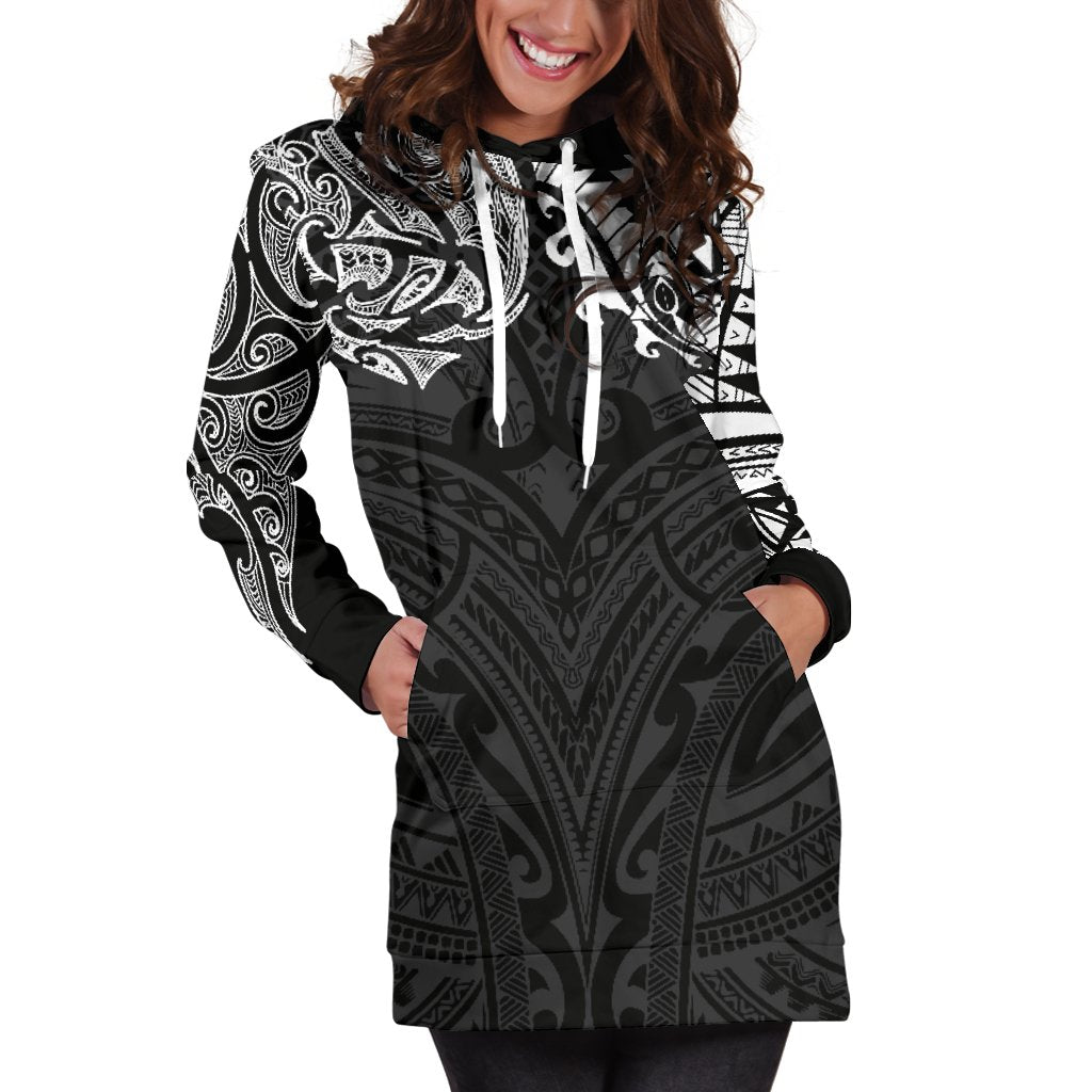 New Zealand Women'S Hoodie Dress, Maori Polynesian Tattoo White - Polynesian Pride