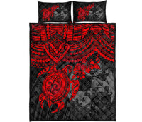 Tonga Polynesian Quilt Bed Set - Tonga Coat Of Arms & Red Turtle Hibiscus - Polynesian Pride