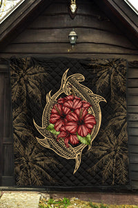 Hawaii Shark Hibiscus Gold Premium Quilt - Polynesian Pride