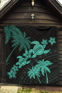 Hawaii Turtle Plumeria Coconut Tree Polynesian Premium Quilt - Turquoise - Polynesian Pride