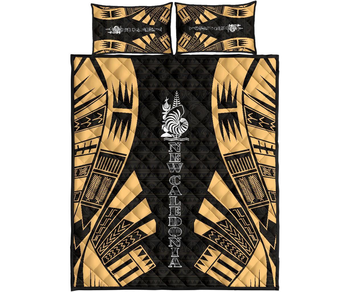 New Caledonia Quilt Bed Set - New Caledonia Coat Of Arms & Polynesian Yellow Tattoo Style Yellow - Polynesian Pride