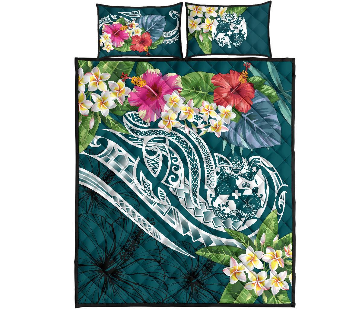 Tonga Polynesian Quilt Bed Set - Summer Plumeria (Turquoise) - Polynesian Pride