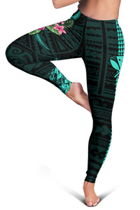 Hawaii Hibiscus Polynesian Kakau Turquoise Legging - Dry Style - AH - Polynesian Pride