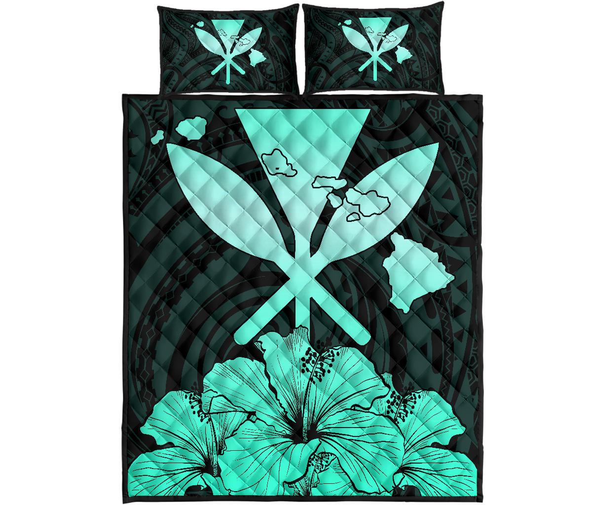 Hawaiian Kanaka Quilt Bed Set Hibiscus Polynesian Love Turquoise Turquoise - Polynesian Pride