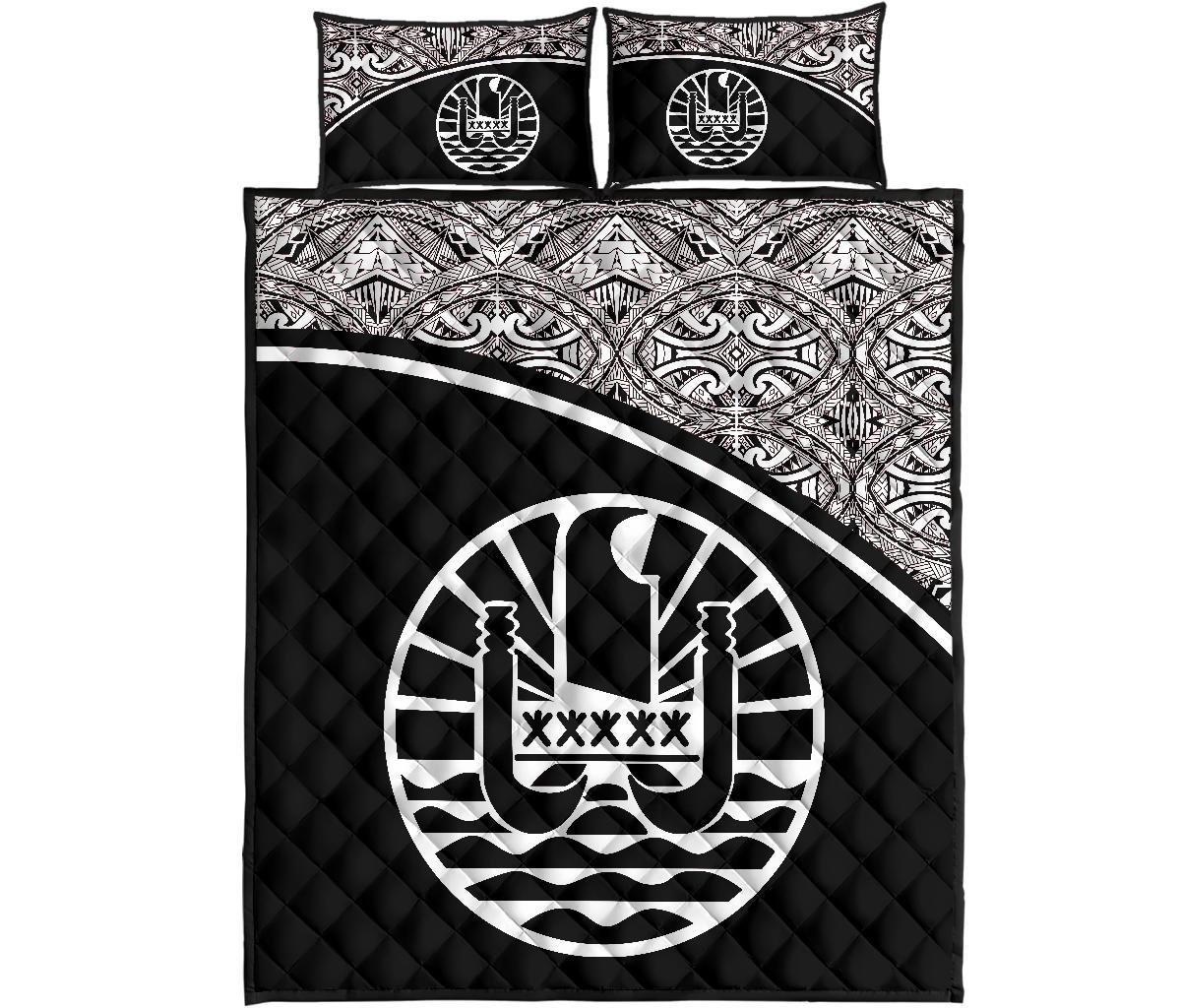 Tahiti Polynesian Quilt Bed Set - Tahiti Flag Black Curve Style Black - Polynesian Pride