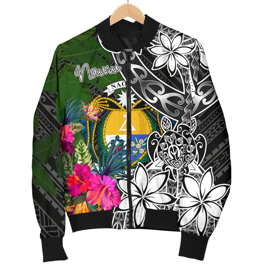 Nauru Men Bomber Jacket - Turtle Plumeria Banana Leaf Crest - Polynesian Pride