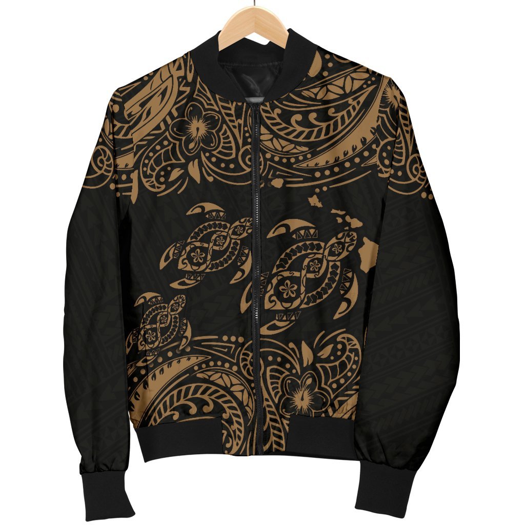 Hawaii Polynesian Men's Bomber Jacket - Gold Sea Turtle Black - Gold - Polynesian Pride