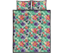 Hawaii Quilt Bed Set Tropical Flower Blossom Cluster Seamless Pattern Tropical Flowers Palm Leaves Plant And Leaf AH - Polynesian Pride